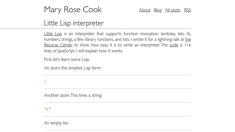 Screenshot of maryrosecook.com: Little Lisp Interpreter (2014)