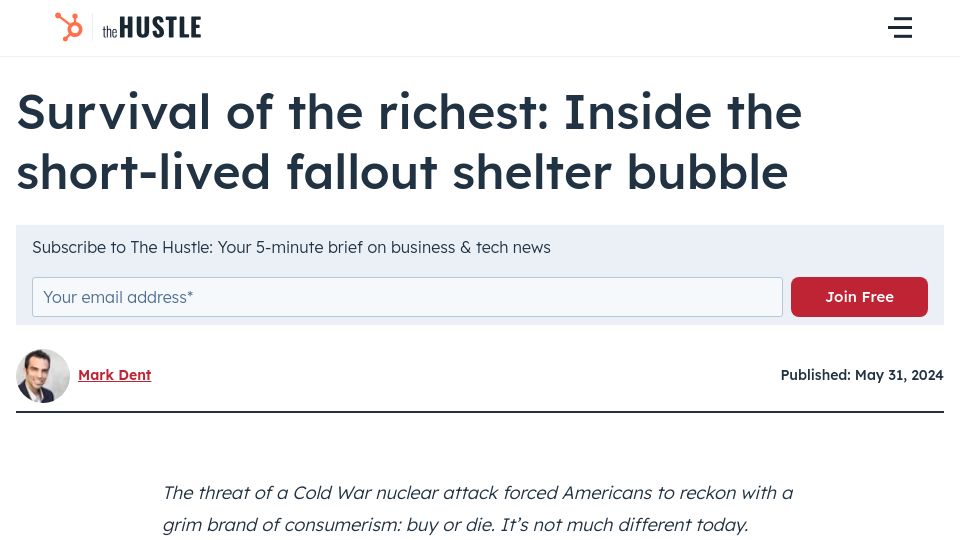 Screenshot of thehustle.co: Survival of the richest: Inside the short-lived fallout shelter bubble