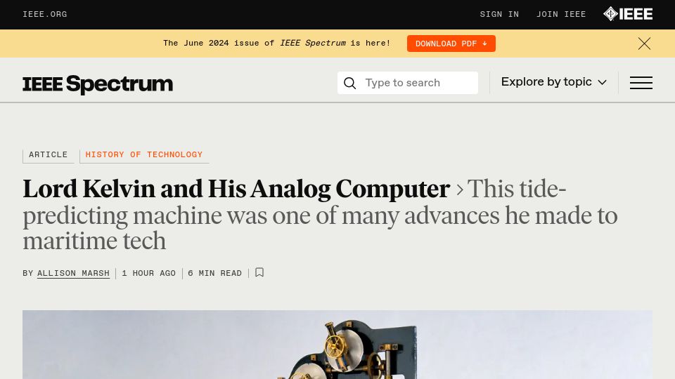 Screenshot of spectrum.ieee.org: Lord Kelvin and his analog computer