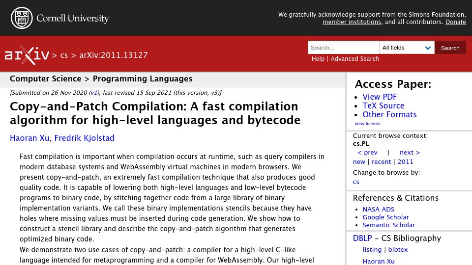 Screenshot of arxiv.org: Copy-and-Patch: Fast compilation for high-level languages and bytecode (2020)