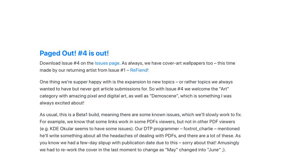 Screenshot of pagedout.institute: Paged Out #4 is out