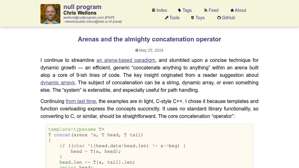 Screenshot of nullprogram.com: Arenas and the almighty concatenation operator