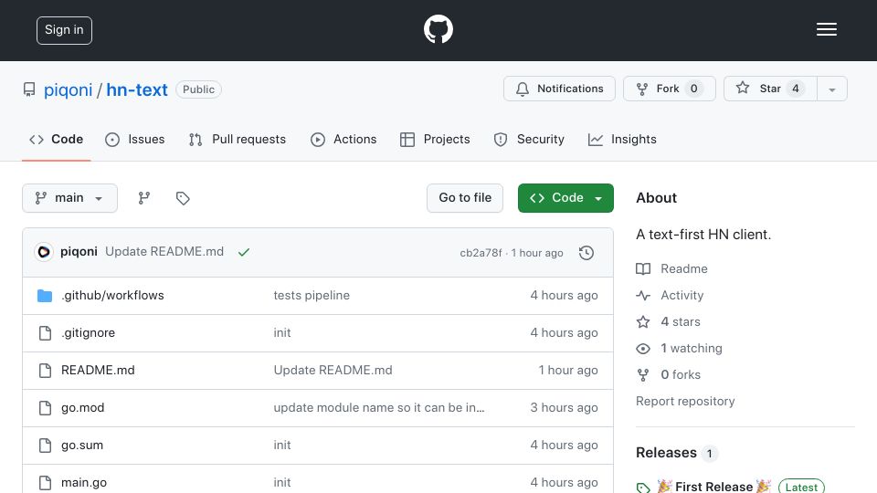 Screenshot of github.com: HN-text: an easy-to-use, text-first Hacker News terminal client