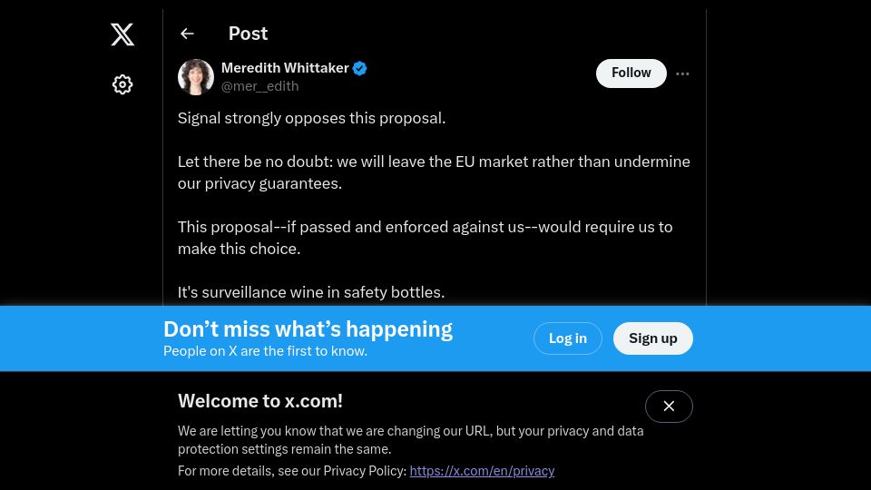 Screenshot of twitter.com: Signal: Will leave the EU market rather than undermine our privacy guarantees