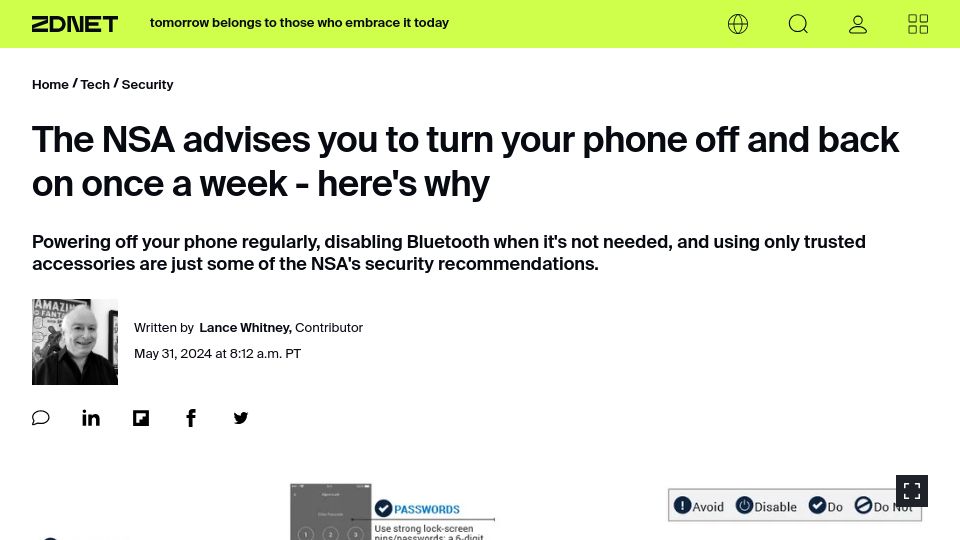 Screenshot of zdnet.com: The NSA advises you to turn your phone off and back on once a week