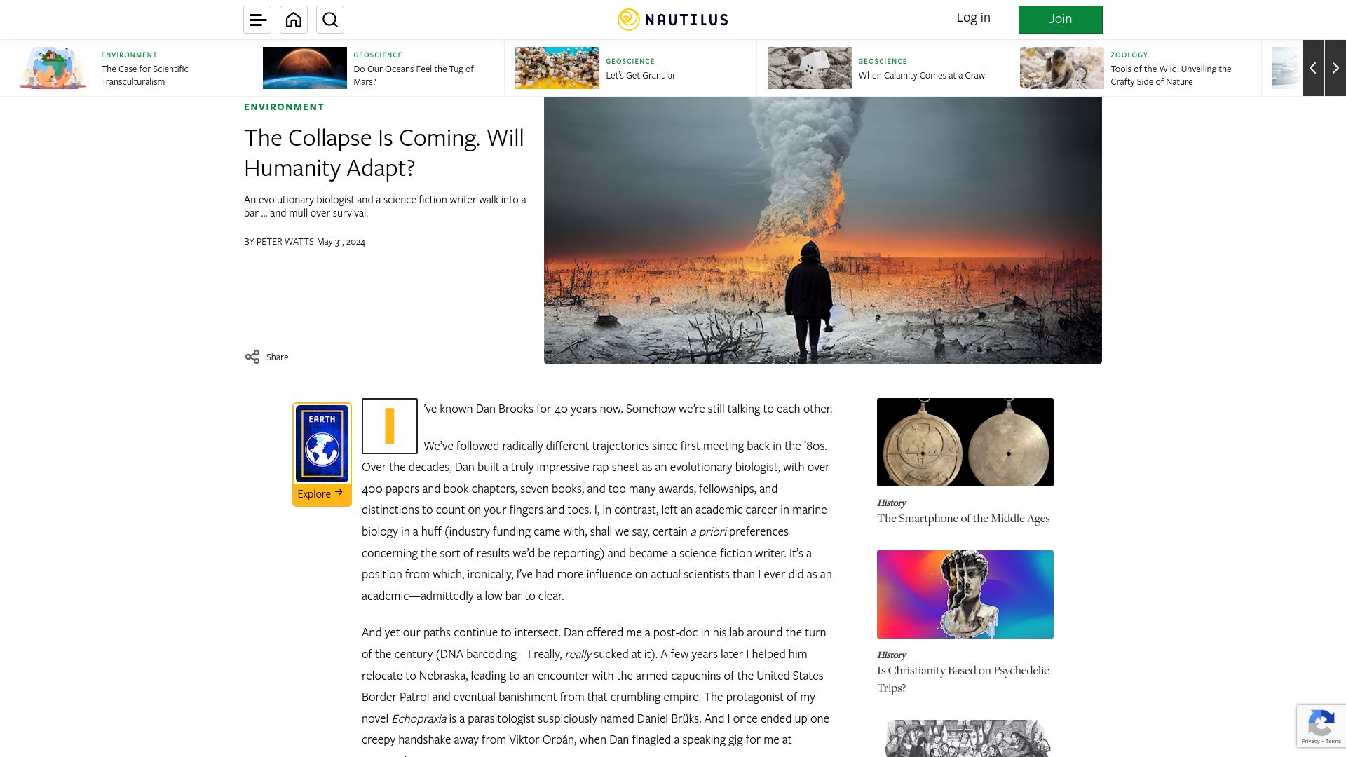 Screenshot of nautil.us: The Collapse Is Coming. Will Humanity Adapt?