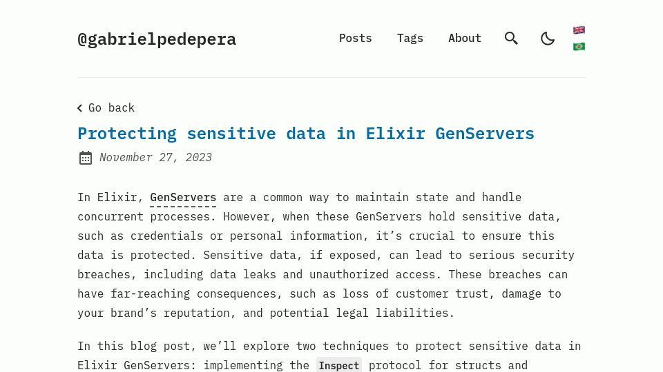 Screenshot of gabrielpereira.dev: Protecting sensitive data in Elixir GenServers (2023)