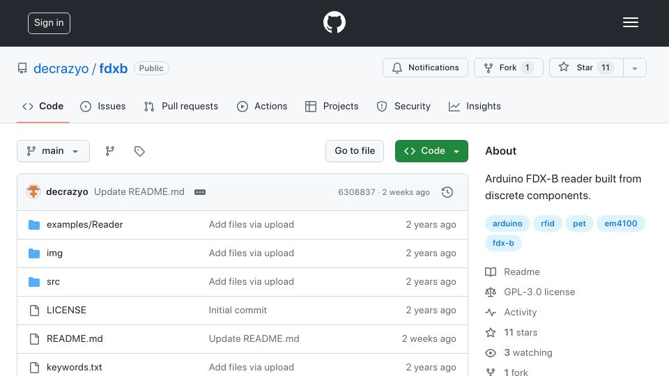 Screenshot of github.com: Arduino FDX-B (animal ID chip) reader built from discrete components