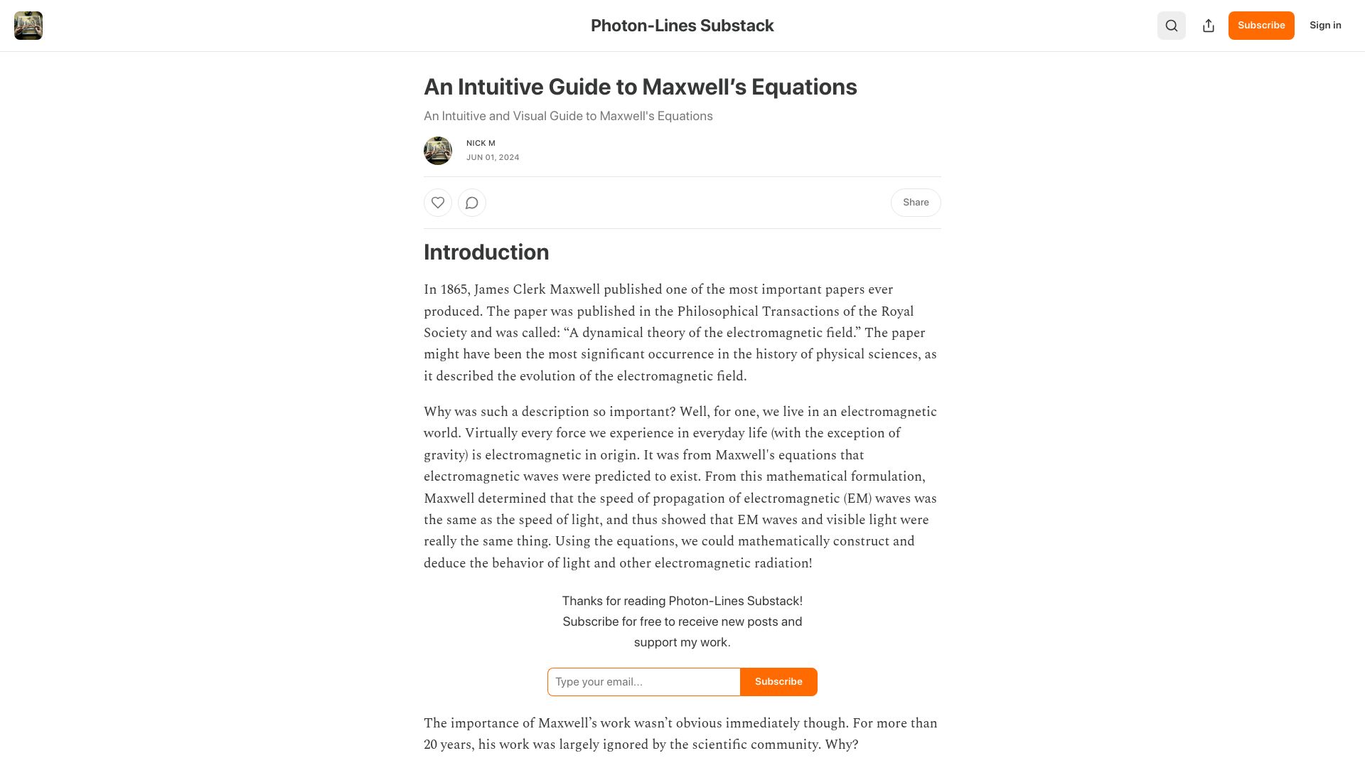 Screenshot of photonlines.substack.com: An intuitive guide to Maxwell's equations (2020)
