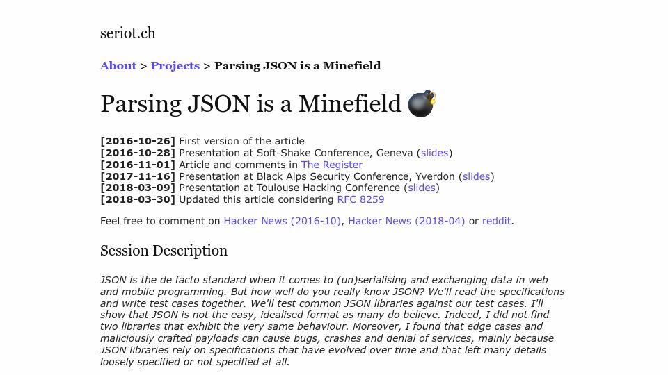 Screenshot of seriot.ch: Parsing JSON Is a Minefield (2018)