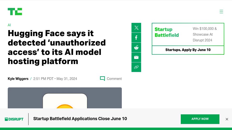 Screenshot of techcrunch.com: Hugging Face detected 'unauthorized access' to its AI model hosting platform