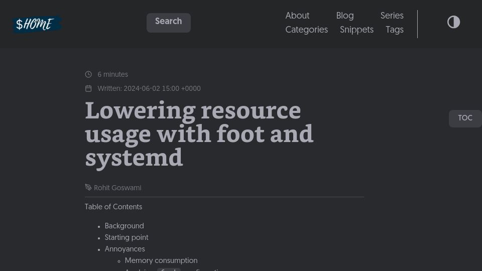 Screenshot of rgoswami.me: Lowering resource usage with foot and systemd
