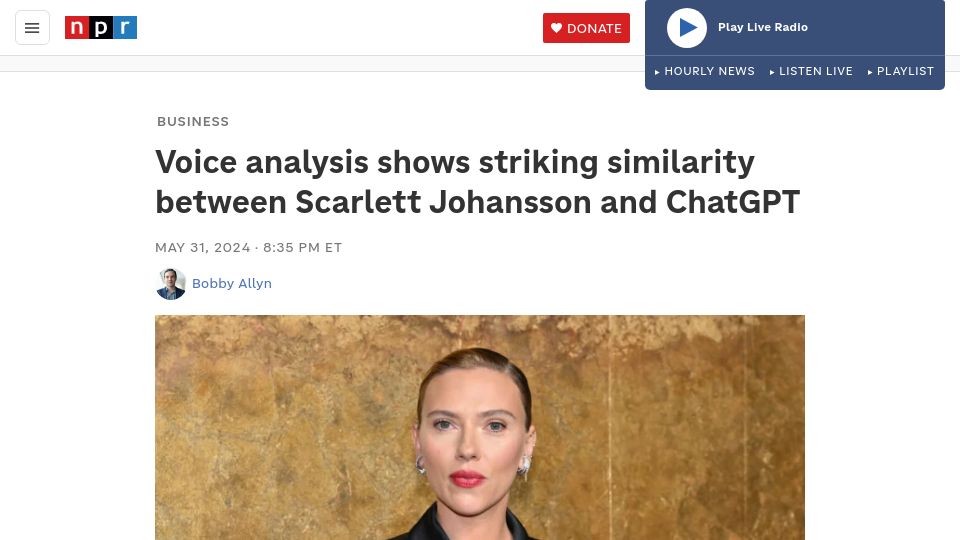 Screenshot of npr.org: Voice analysis shows striking similarity between Scarlett Johansson and ChatGPT