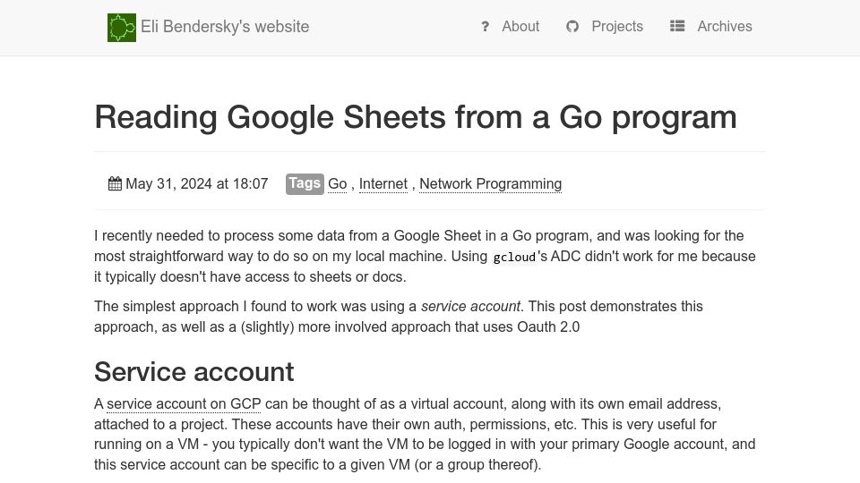 Screenshot of eli.thegreenplace.net: Reading Google Sheets from a Go Program
