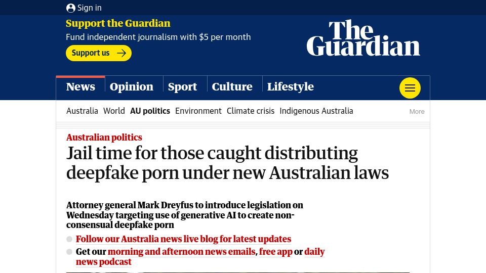 Screenshot of theguardian.com: Jail time for those caught distributing deepfake porn under new Australian laws
