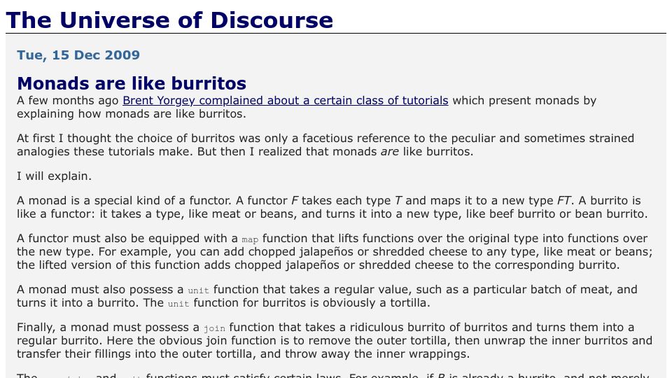 Screenshot of blog.plover.com: Monads are like burritos (2009)