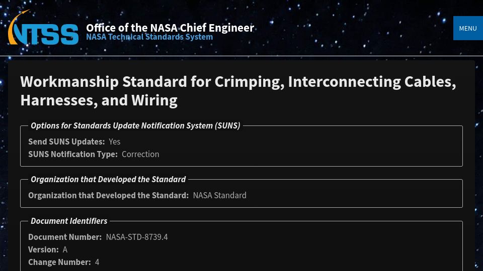 Screenshot of standards.nasa.gov: Workmanship standard for crimping, interconnecting cables, harnesses, and wiring