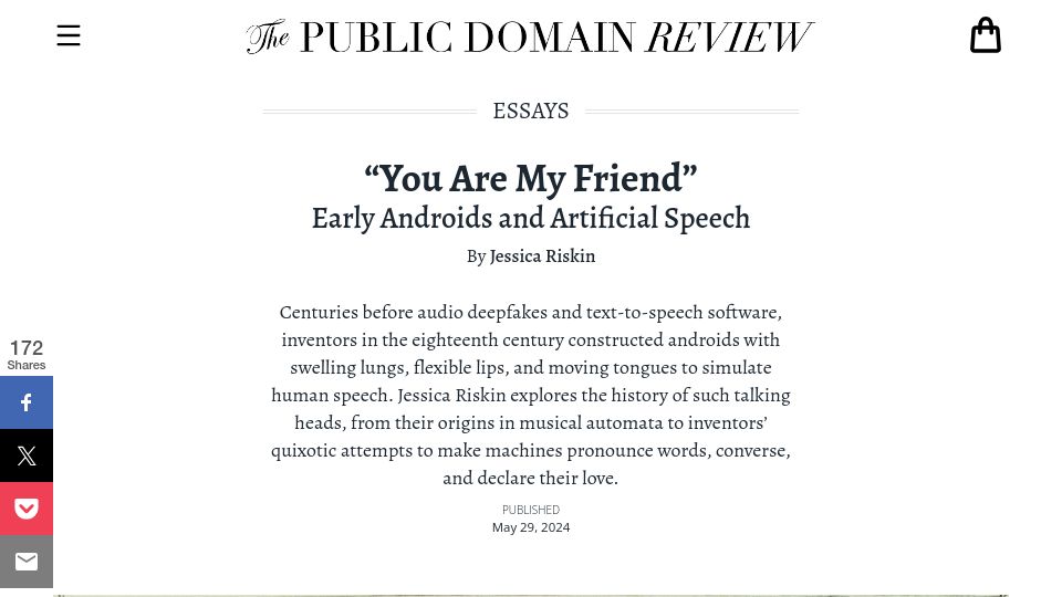 Screenshot of publicdomainreview.org: “You Are My Friend”: Early Androids and Artificial Speech