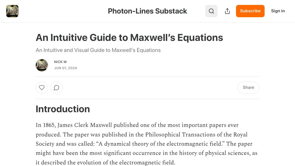 Screenshot of photonlines.substack.com: An intuitive guide to Maxwell's equations (2020)