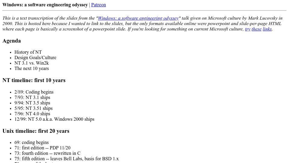 Screenshot of danluu.com: Windows: A Software Engineering Odyssey