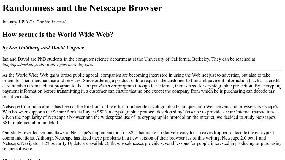 Screenshot of people.eecs.berkeley.edu: Randomness and the Netscape Browser (1996)