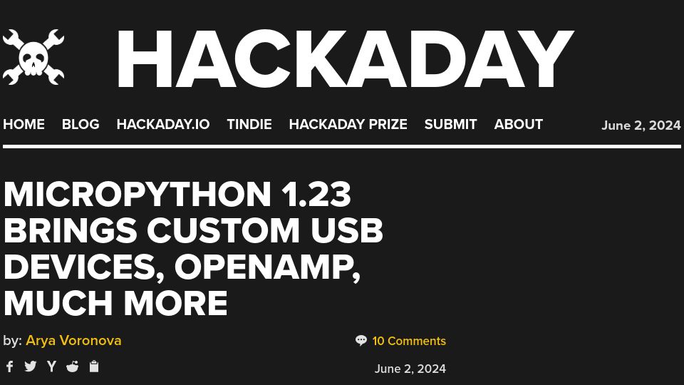Screenshot of hackaday.com: MicroPython 1.23 Brings Custom USB Devices, OpenAMP, Much More