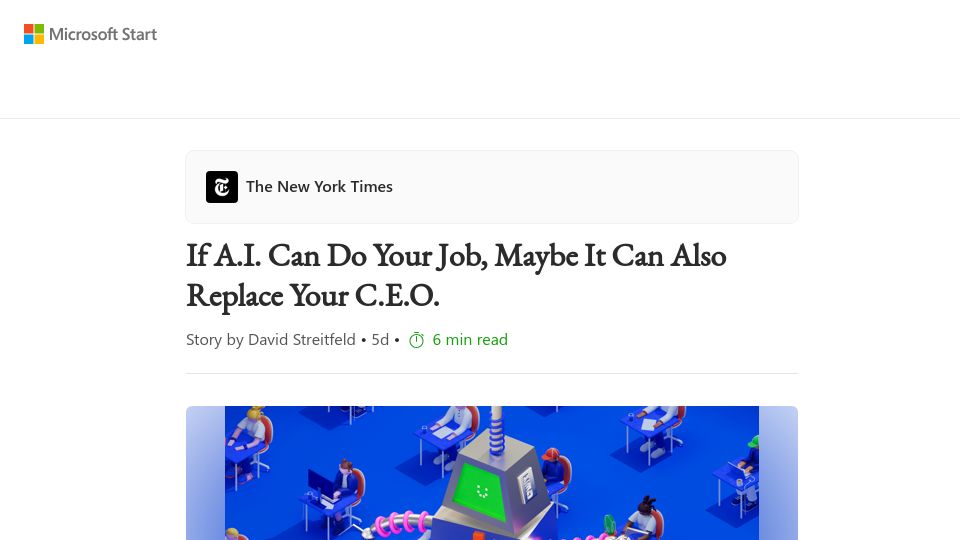 Screenshot of msn.com: If A.I. Can Do Your Job, Maybe It Can Also Replace Your CEO