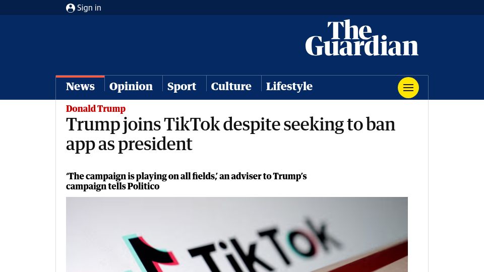 Screenshot of theguardian.com: Trump joins TikTok despite seeking to ban app as president