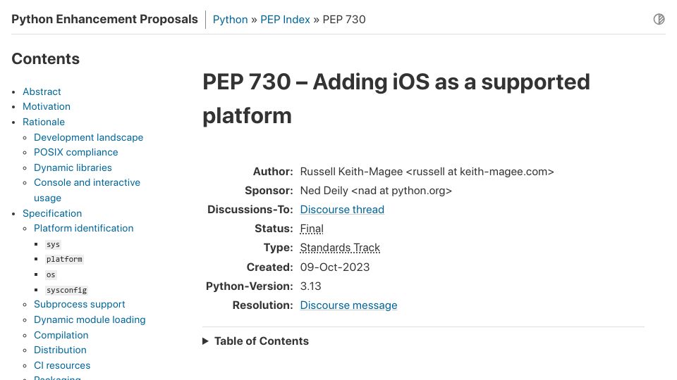 Screenshot of peps.python.org: PEP 730 – Adding iOS as a supported platform