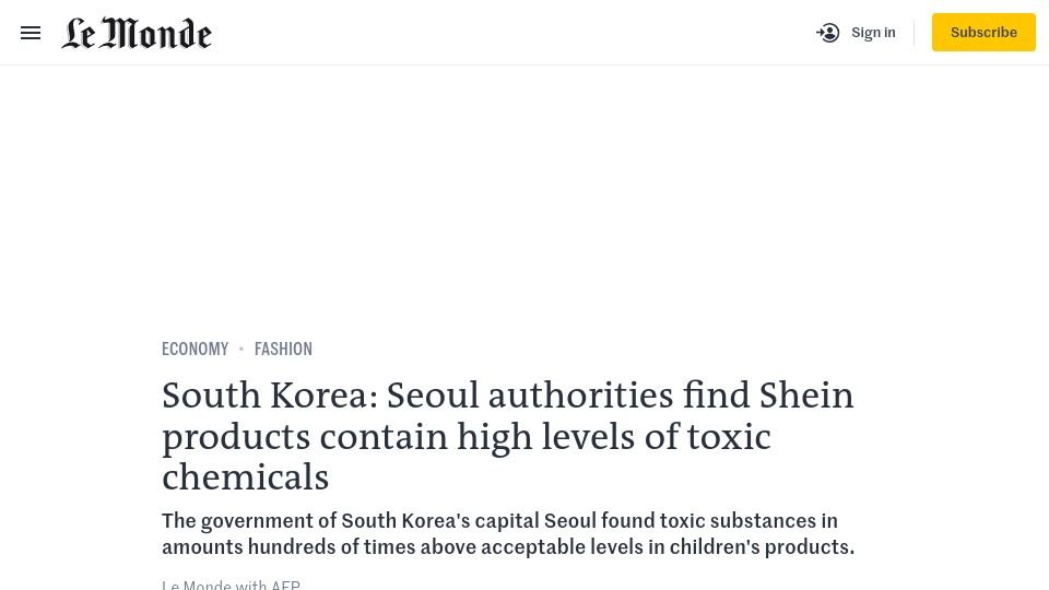Screenshot of lemonde.fr: Seoul authorities find Shein products contain high levels of toxic chemicals