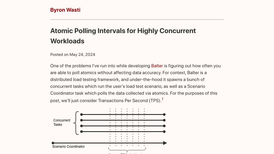 Screenshot of byronwasti.com: Atomic polling intervals for highly concurrent workloads