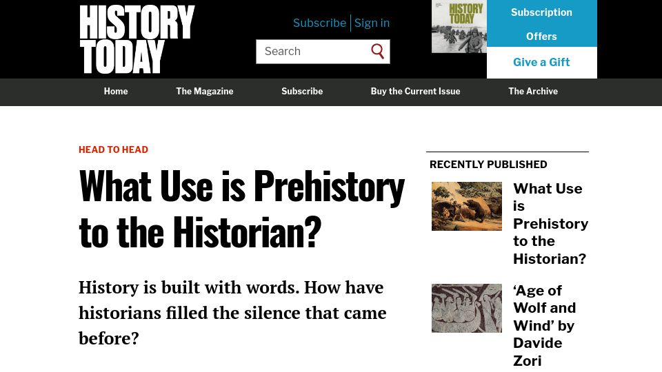 Screenshot of historytoday.com: What use is prehistory to the historian?