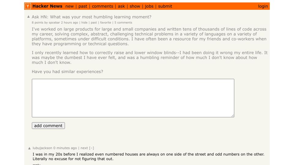 Screenshot of Hacker News post: Ask HN: What was your most humbling learning moment?