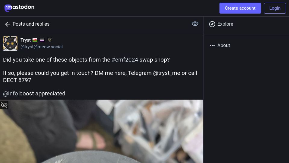 Screenshot of meow.social: Nuclear material left in "Swap Shop" at UK Hacker camp emfcamp