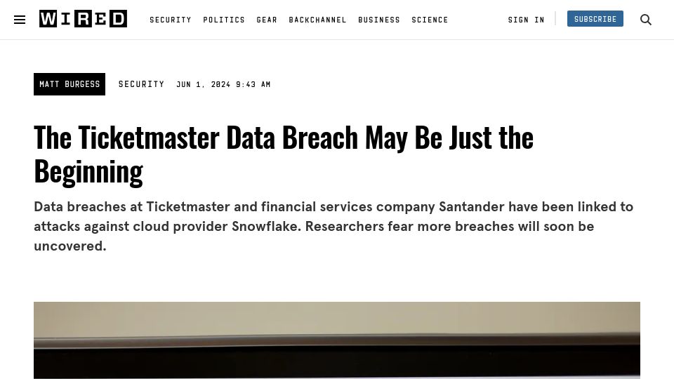 Screenshot of wired.com: The Ticketmaster Data Breach May Be Just the Beginning