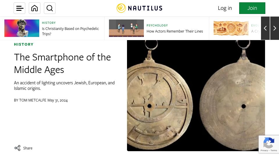 Screenshot of nautil.us: An accident of lighting uncovers origins of the astrolabe