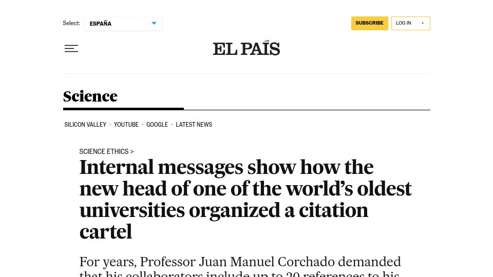 Screenshot of english.elpais.com: New head of one of the world’s oldest universities organized a citation cartel