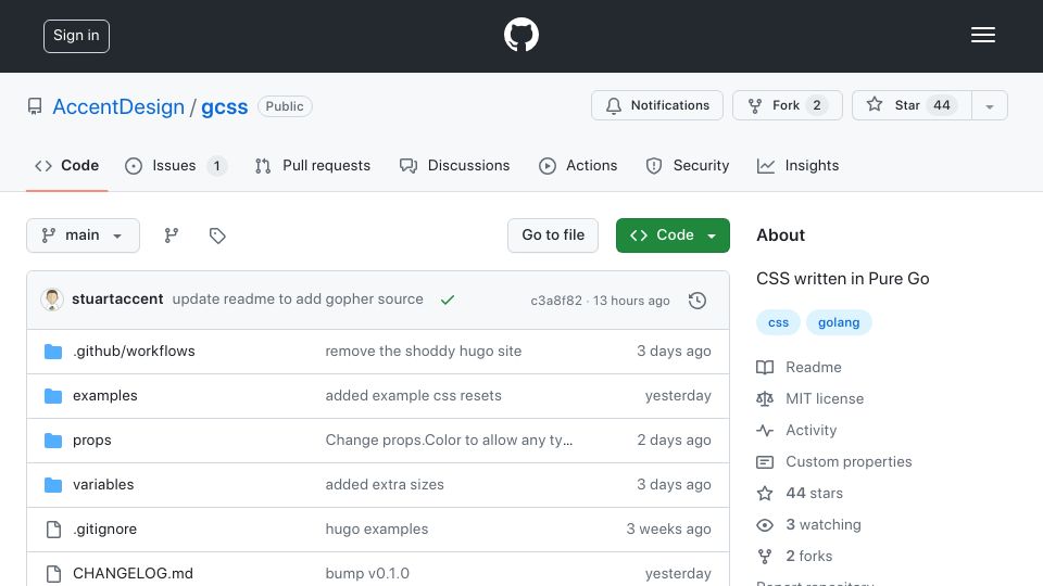 Screenshot of github.com: CSS written in pure Go