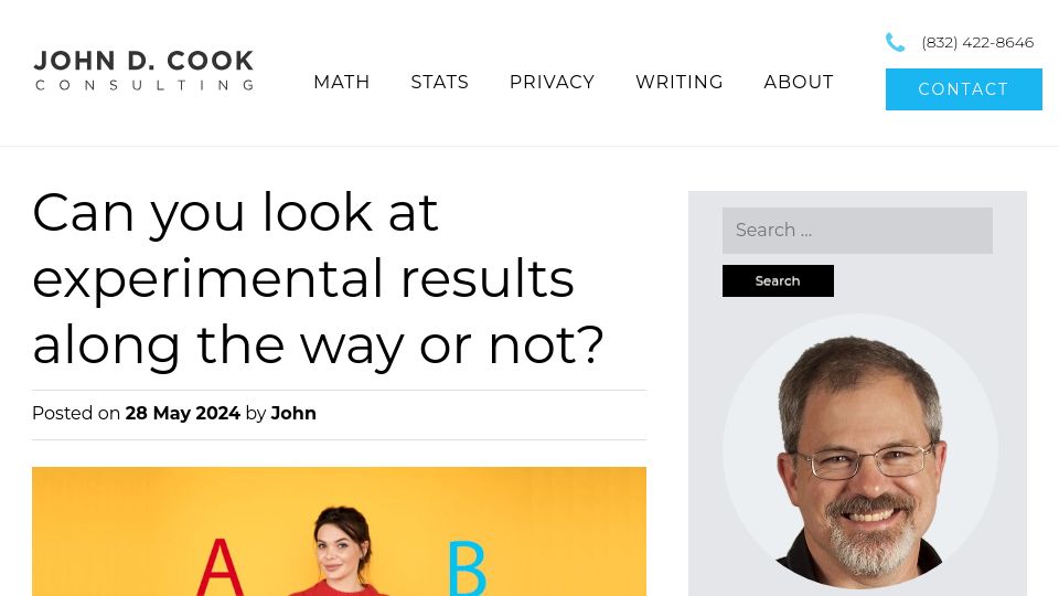 Screenshot of johndcook.com: Can you look at experimental results along the way or not?