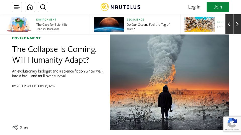 Screenshot of nautil.us: The Collapse Is Coming. Will Humanity Adapt?
