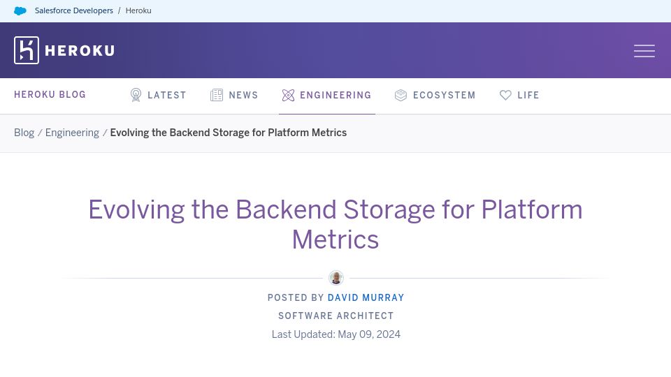 Screenshot of blog.heroku.com: Evolving the back end storage for platform metrics
