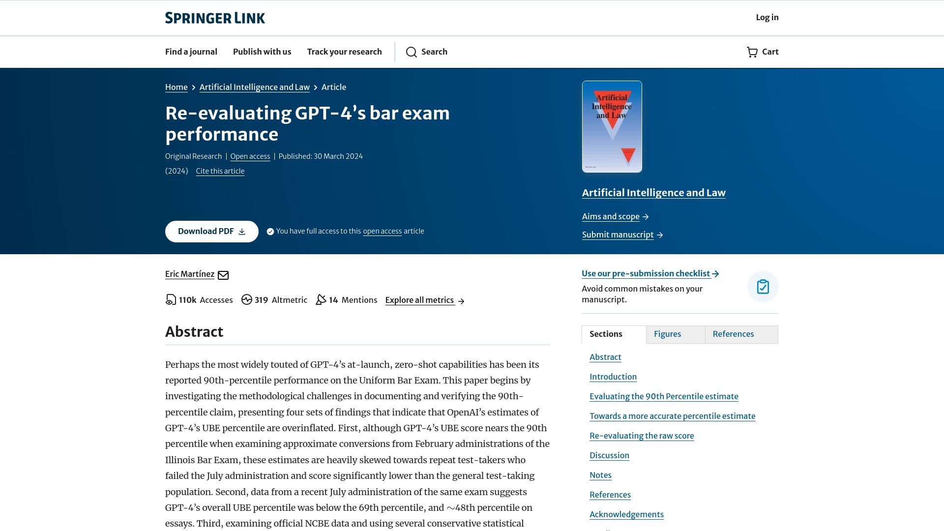 Screenshot of link.springer.com: Re-Evaluating GPT-4's Bar Exam Performance