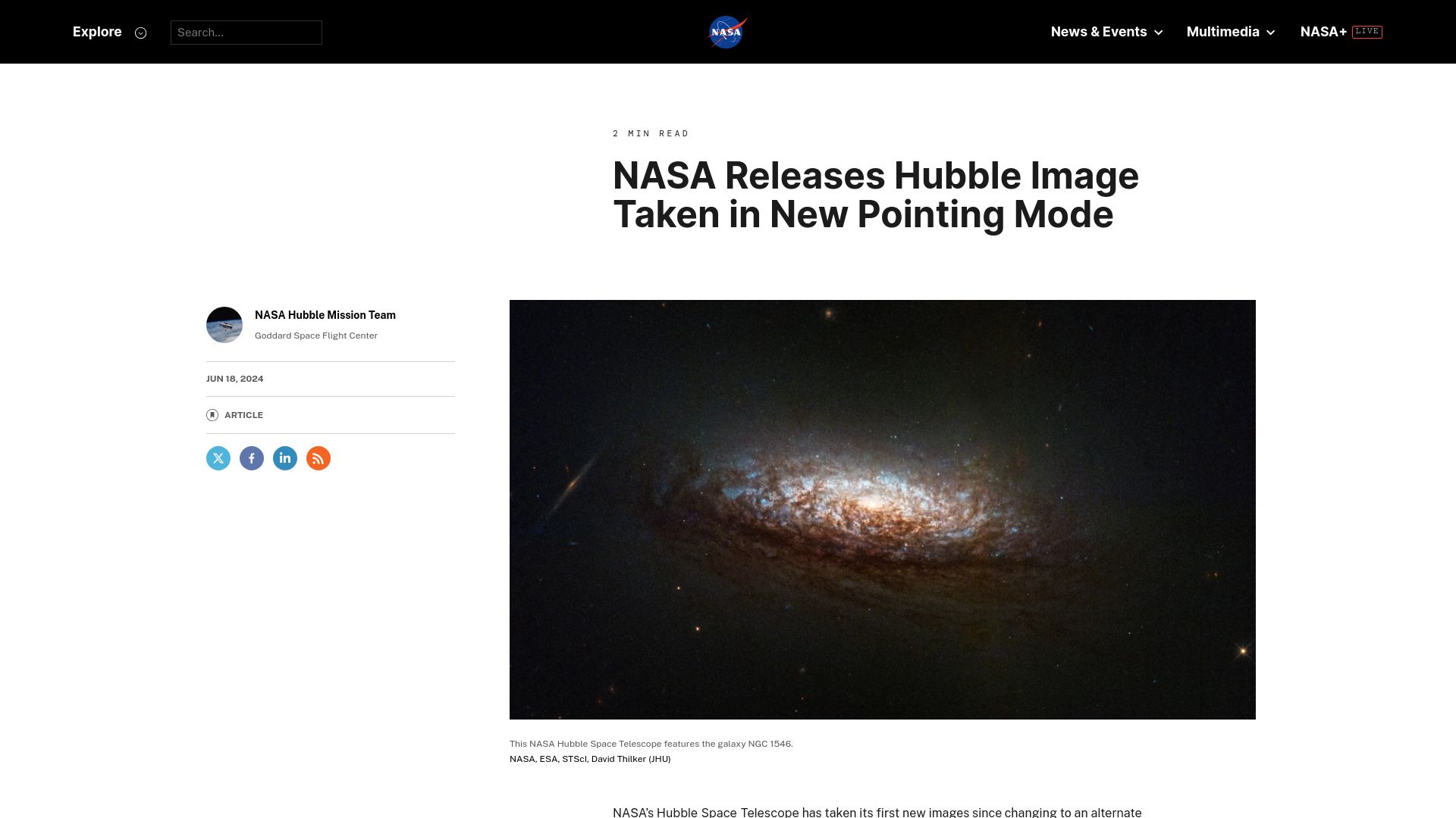 Screenshot of science.nasa.gov: NASA releases Hubble image taken in new pointing mode