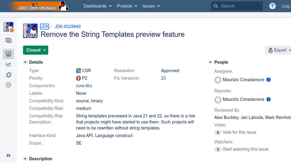 Screenshot of mail.openjdk.org: Java string interpolation feature has been cancelled