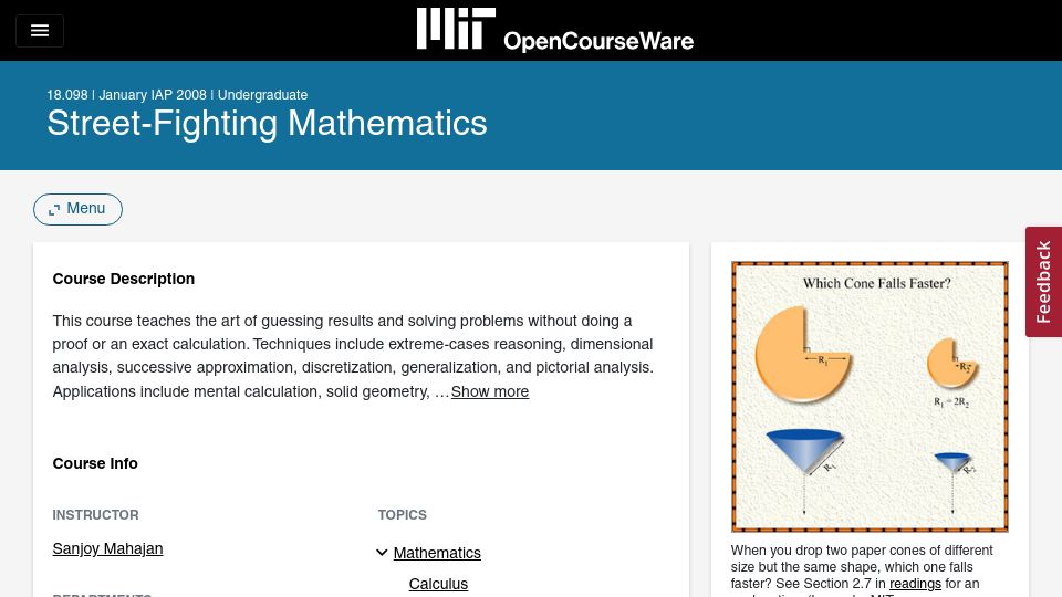 Screenshot of ocw.mit.edu: Street-Fighting Mathematics (2008)