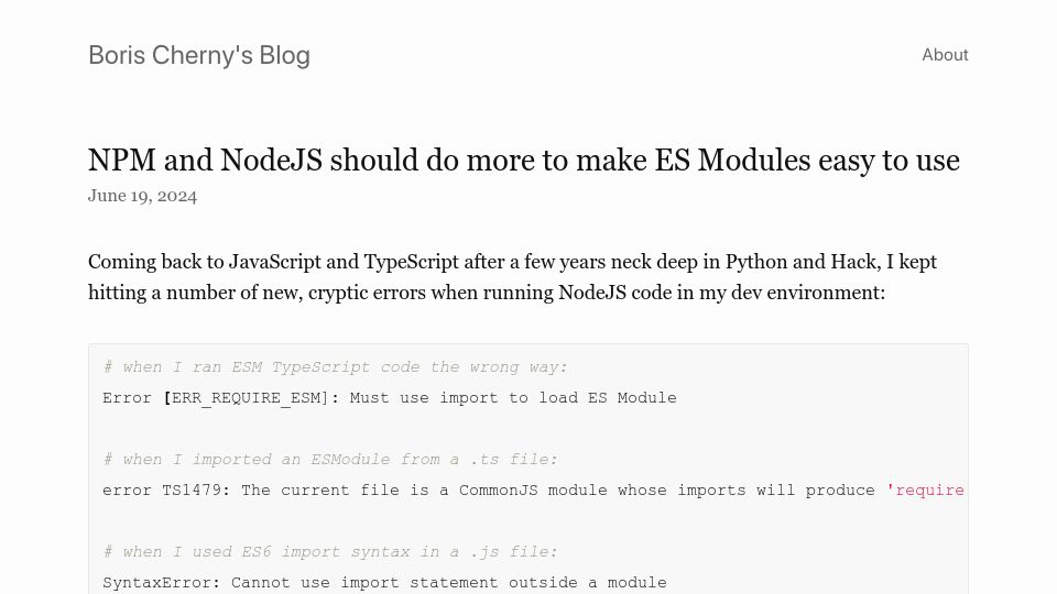 Screenshot of borischerny.com: NPM and NodeJS should do more to make ES Modules easy to use