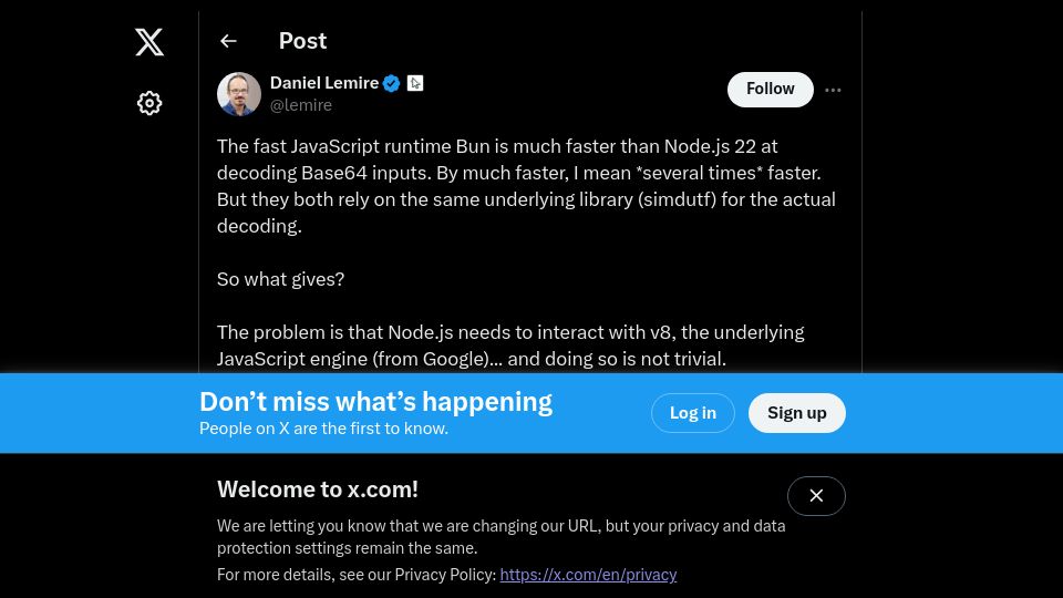 Screenshot of twitter.com: Bun is much faster than Node.js 22 at decoding Base64 but both rely on same lib