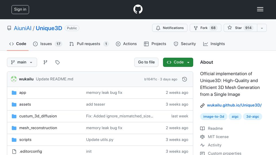 Screenshot of github.com: Unique3D: Image-to-3D Generation from a Single Image