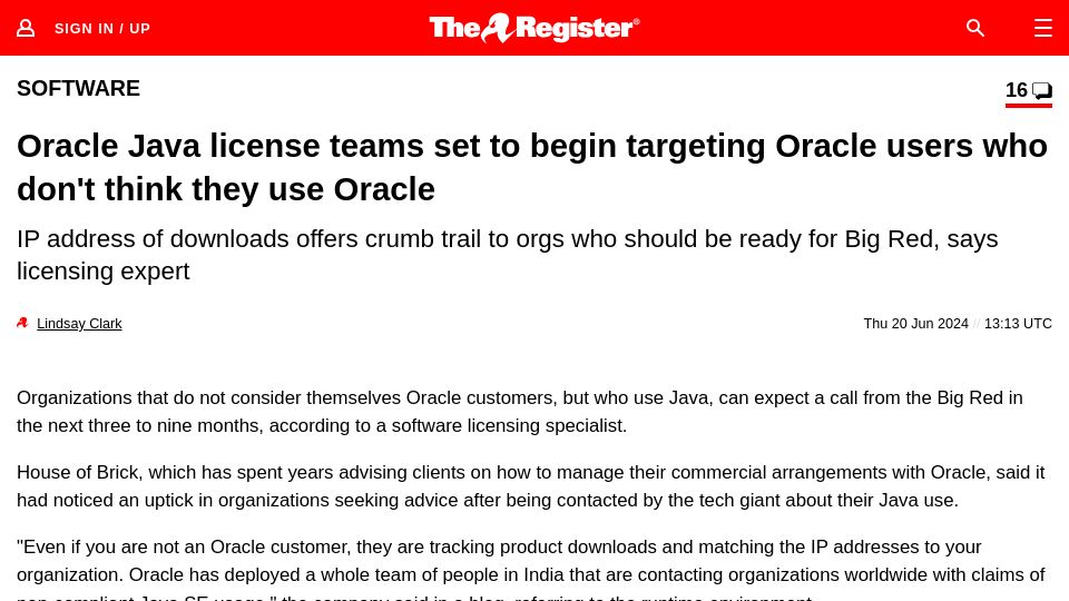 Screenshot of theregister.com: Oracle Java license teams set to begin targeting unknowing Oracle users