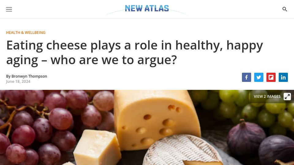 Screenshot of newatlas.com: Eating cheese plays a role in healthy, happy aging – who are we to argue?